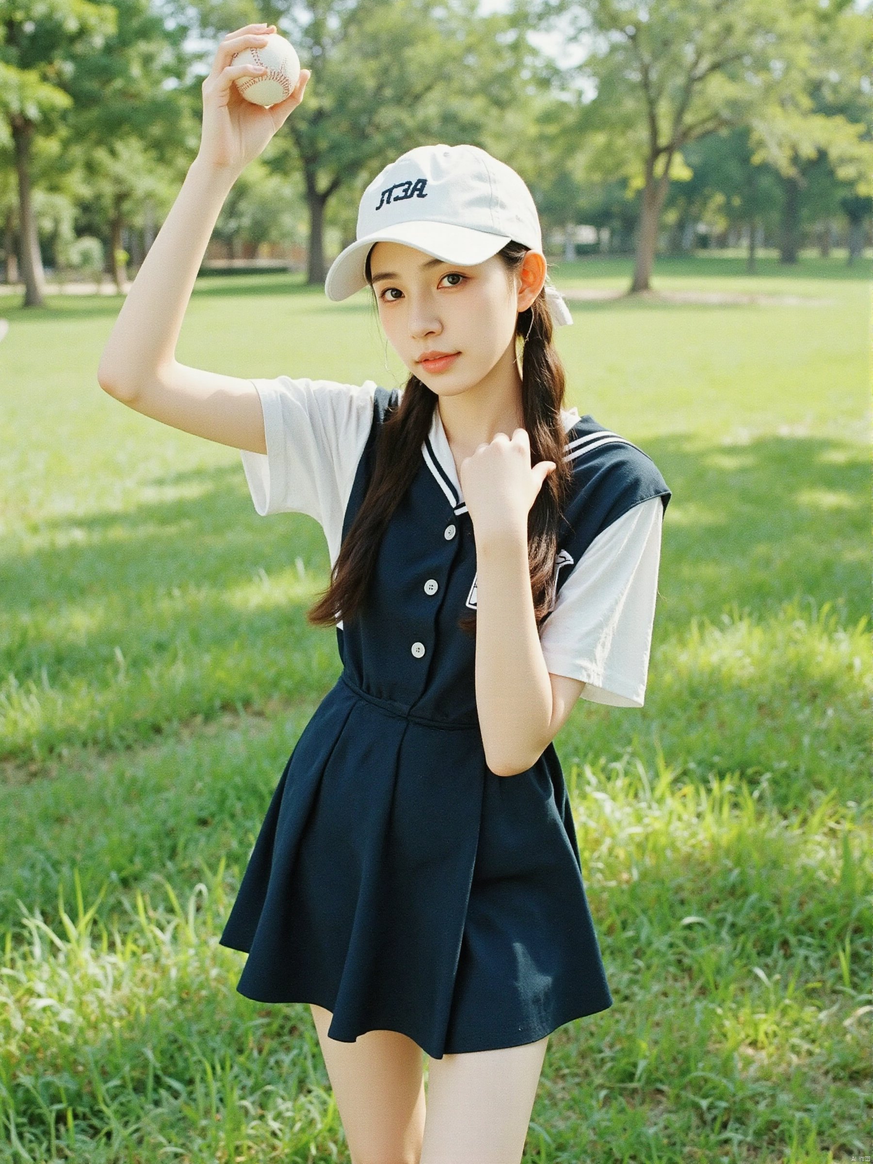 A young woman wearing a baseball jersey stands in the green grass and is photographed from a high angle and head up perspective. She held a baseball high in her left hand. Her hair was tied in a ponytail, she wore a white baseball cap, a white sun hat, and a black and white striped short sleeved shirt. The dress she was standing in was a navy blue dress with white trim. The background of the image is blurry, with trees in the distance.