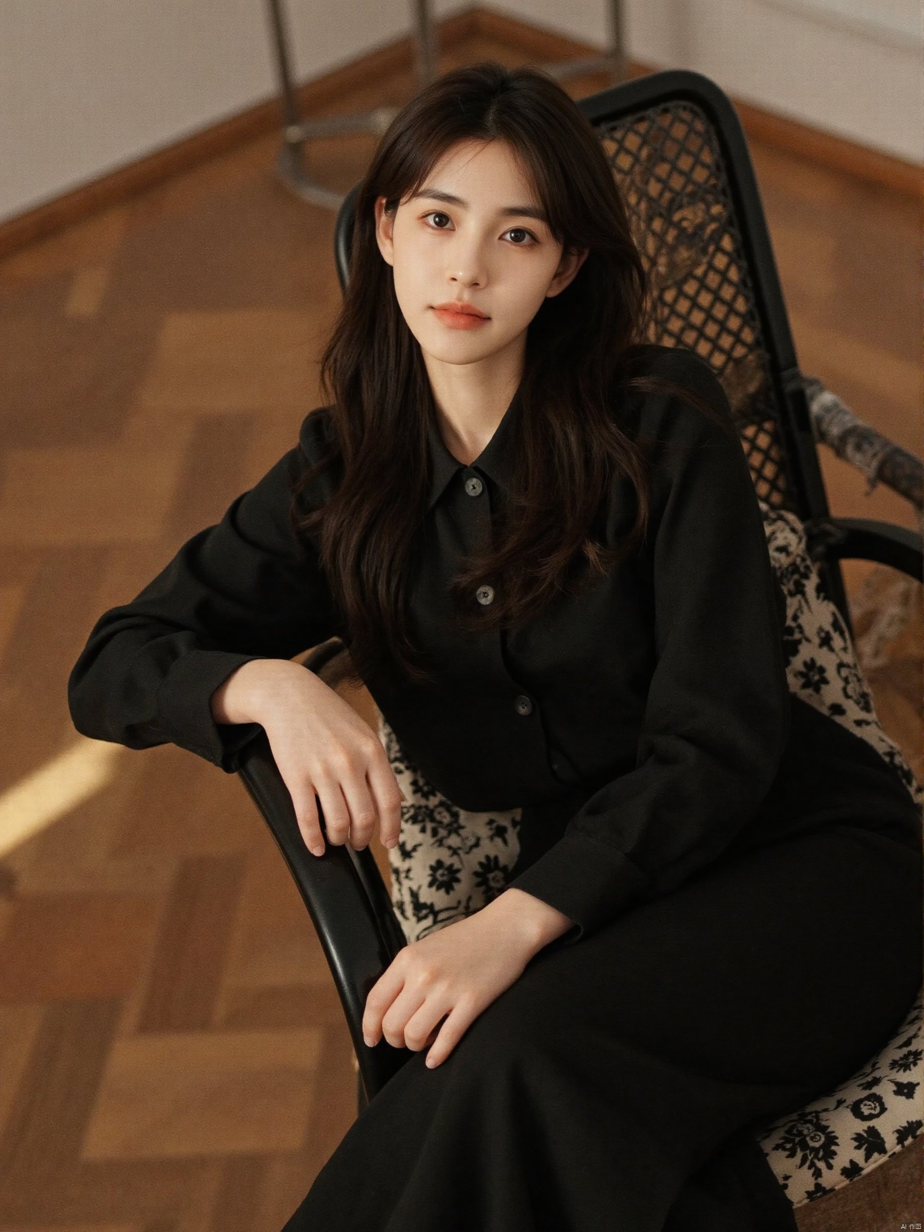 a woman with long dark hair, wearing a black long-sleeved button-down shirt and a black skirt is seated on a black chair with a white and black patterned cushion. The chair is placed on a wooden floor, adding a touch of color to the scene. 