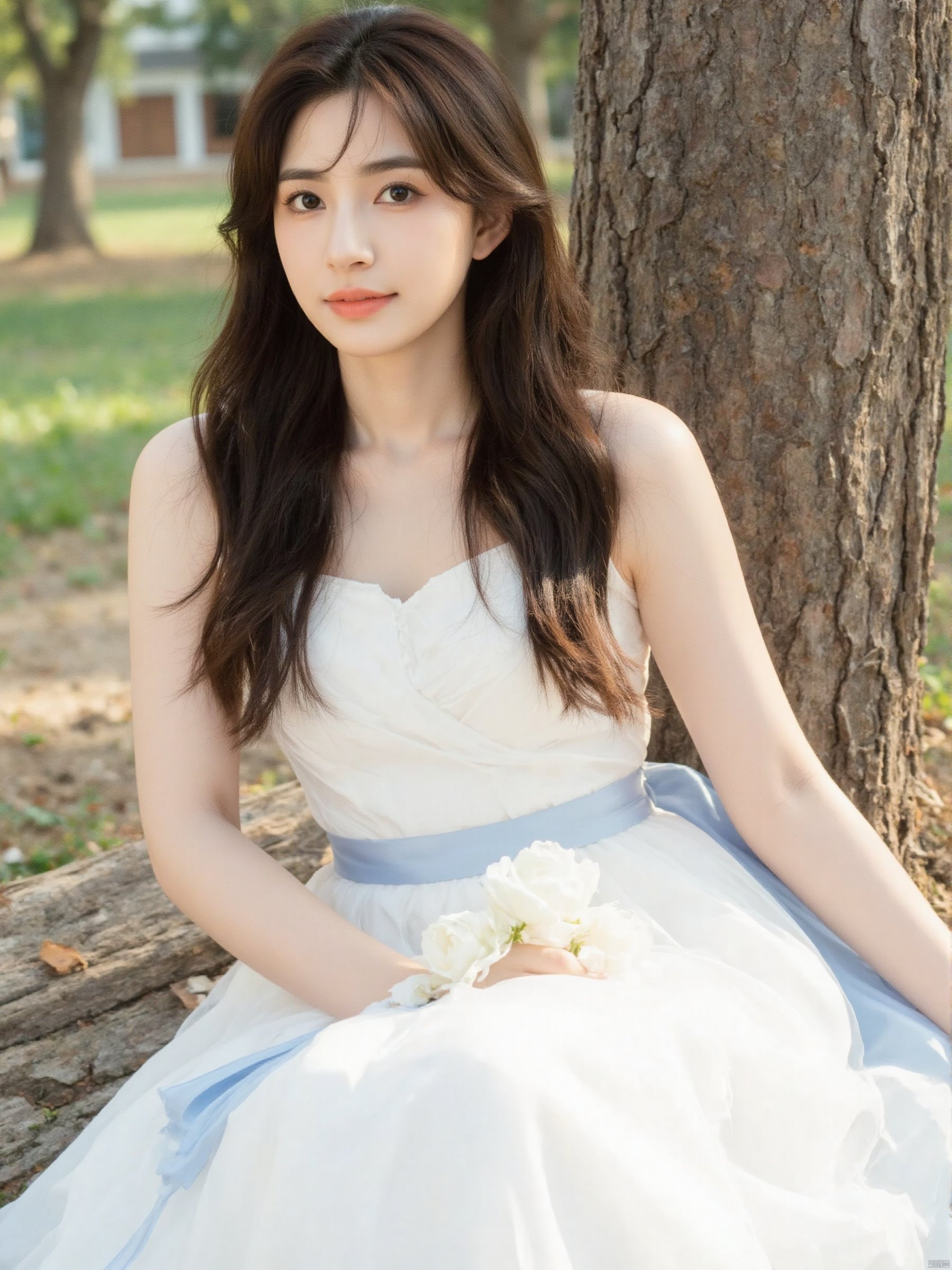 a woman in a white sleeveless wedding dress sits against a tree trunk, her long dark hair cascades over her shoulders. The dress is adorned with a blue ribbon, adding a touch of color to her dress. 