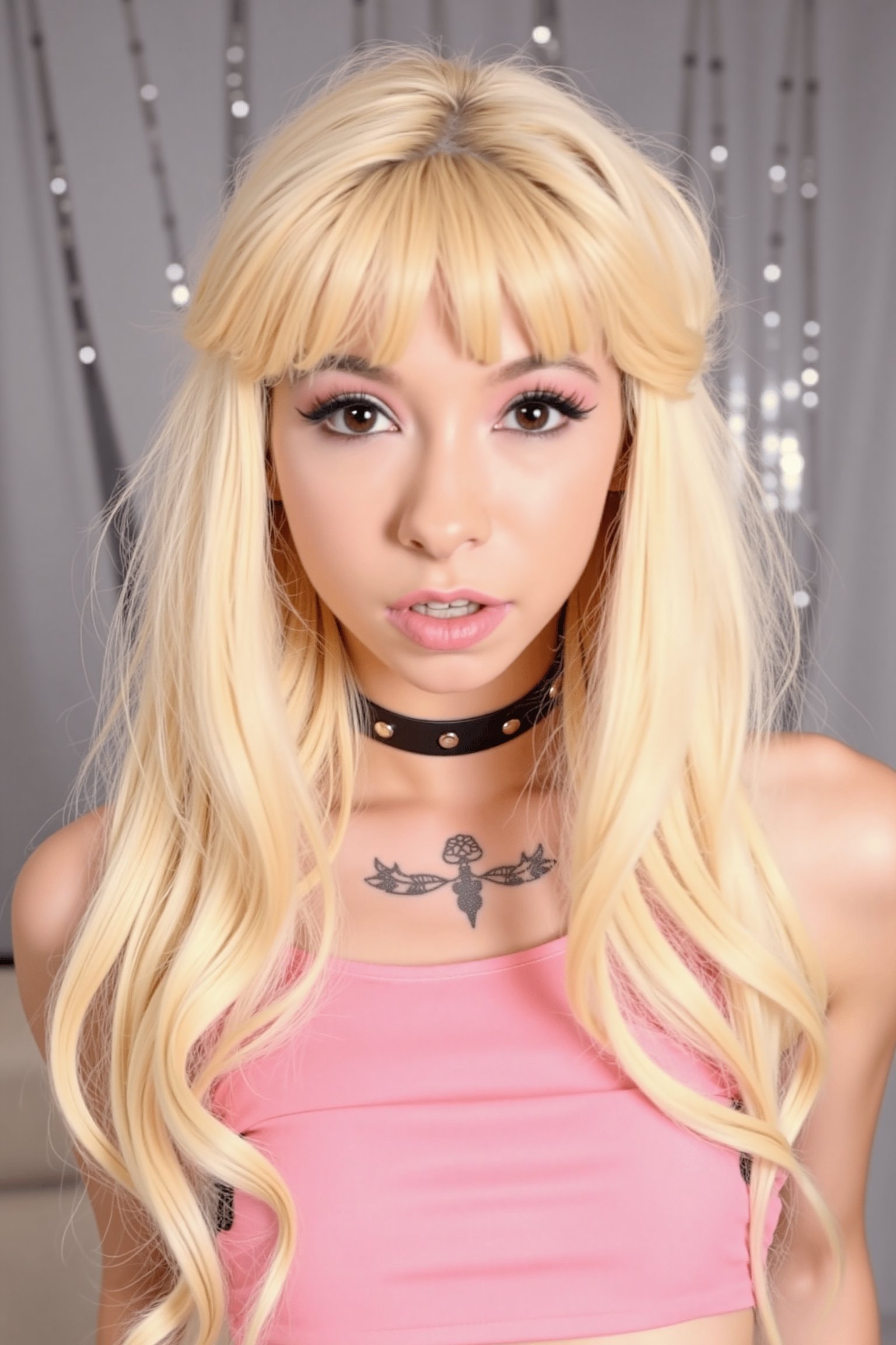 KR#,kenzie,1girl,solo,blond hair,long hair,looking at viewer,realistic,open mouth,black choker,tattoo chest,bangs,pink shirt