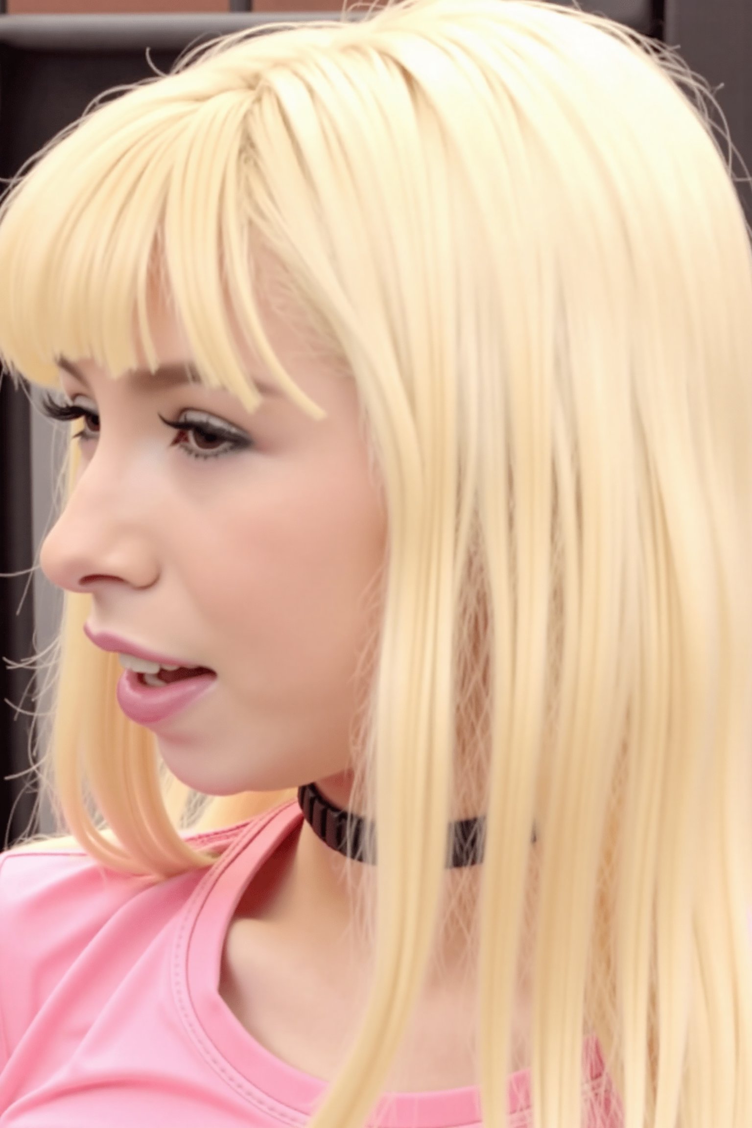 KR#,kenzie,1girl,solo,blond hair,long hair,looking at viewer,realistic,open mouth,black choker,tattoo chest,bangs,pink shirt,profile