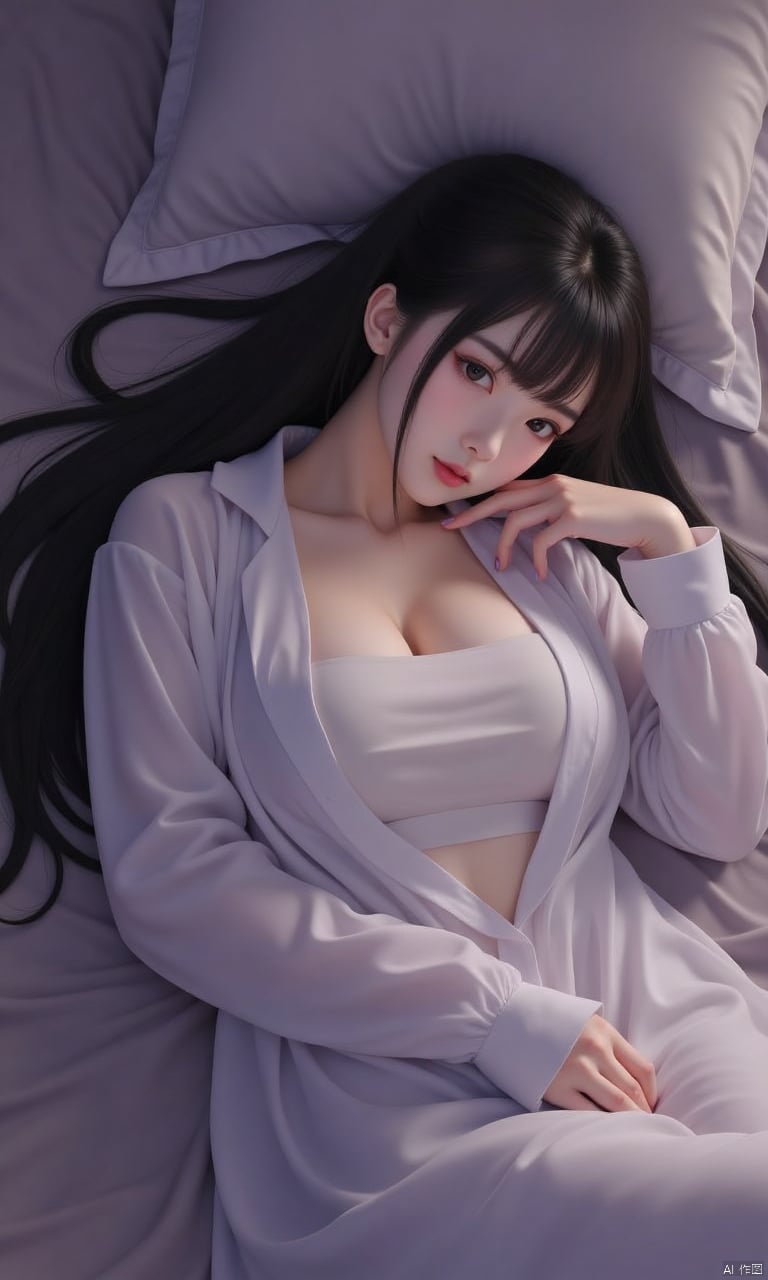 1girl, gl03, dim lighting, long black hair, lying comfortably on the bed,全身照