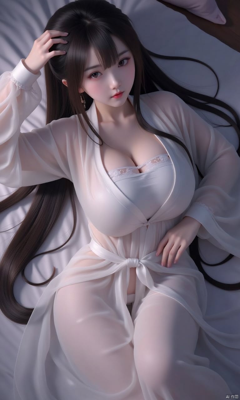 1girl, gl03, dim lighting, long black hair, lying comfortably on the bed,全身照