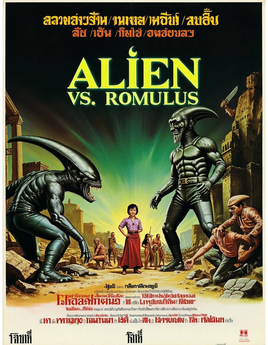 Tha1v1ntage. Vintage Thai movie poster for Alien vs. Romulus, featuring a fierce alien creature squaring off against a proud, stoic statue of Romulus, the legendary founder of Rome. The alien is crouched and ready to pounce, with dripping fangs and glowing green eyes, while Romulus, dressed in Roman armor, holds a sword and shield, completely unphased and statue-still.

The background shows the ruins of ancient Rome under a dramatic night sky with eerie green lighting, casting long shadows over the battlefield. The tagline reads: “In Space, They Built Rome in a Day!” The poster combines epic sci-fi vibes with ancient Roman drama, giving the clash an over-the-top yet humorous feel.