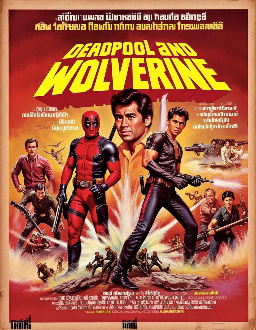 Tha1v1ntage. Vintage Thai movie poster for "Deadpool & Wolverine", an Action/Comedy 
movie starrying Ryan Reynolds and Hugh Jackman 