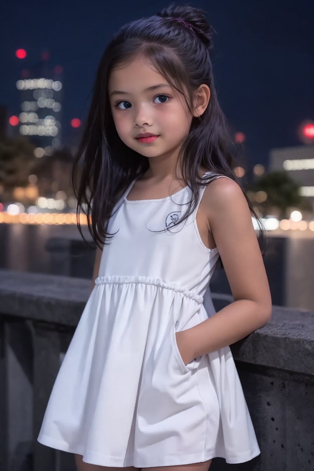  young girl 9year old, mini white dress, on the night city,