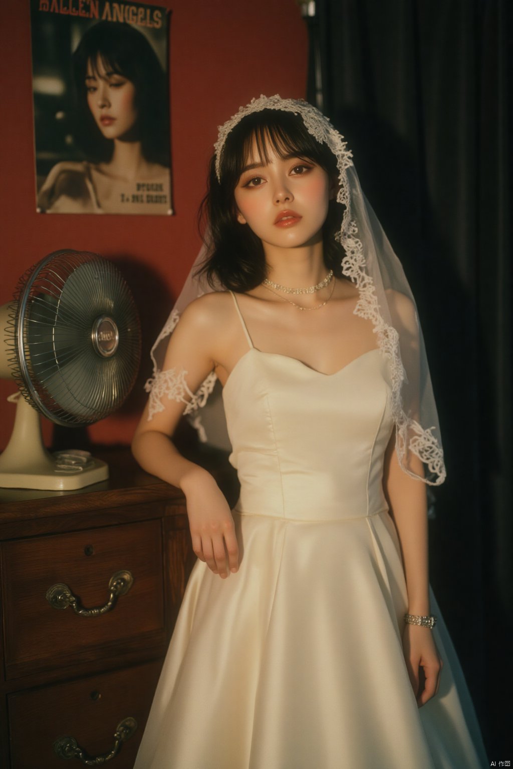 a woman dressed in a white wedding dress, adorned with a veil and a necklace. She stands in front of a wooden dresser, her left hand resting on the side of the dresser. The dresser is adorned with silver knobs, and a small white fan with a silver base, adding a touch of color to the scene. To the left of the woman, there is a red wall with a poster of a woman's face and the words "FALLEN ANGELS" on it. The backdrop is dark, with a black curtain on the right side.HK film style,Wong Kar wai's film style,Vintage Hong Kong movie color scheme,OBbllai