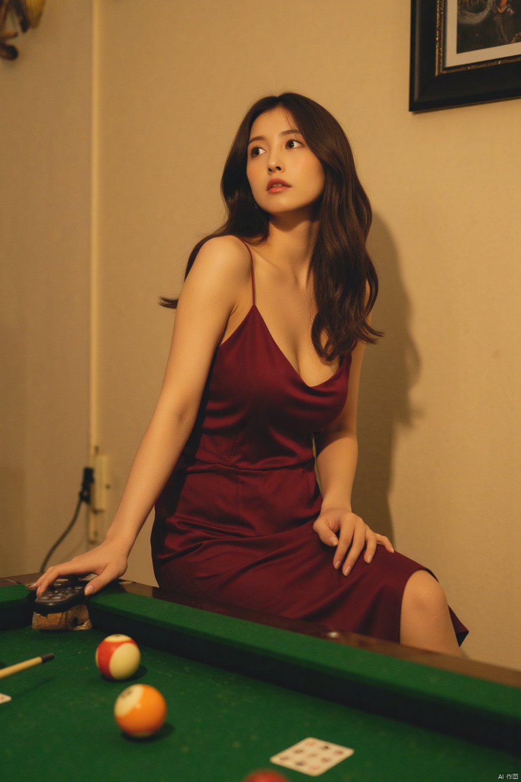 a woman with long dark hair, wearing a maroon sleeveless dress, is seated at a pool table. She is holding a white cue in her right hand, and a black remote control in her left hand. The pool table is adorned with a green cloth, adorned with billiard balls and white cards. The billiard table is set against a cream-colored wall, with a black frame hanging on the right side of the frame. A shadow of a tree can be seen in the upper left corner.HK film style,Wong Kar wai's film style,Vintage Hong Kong movie color scheme,OBbllai