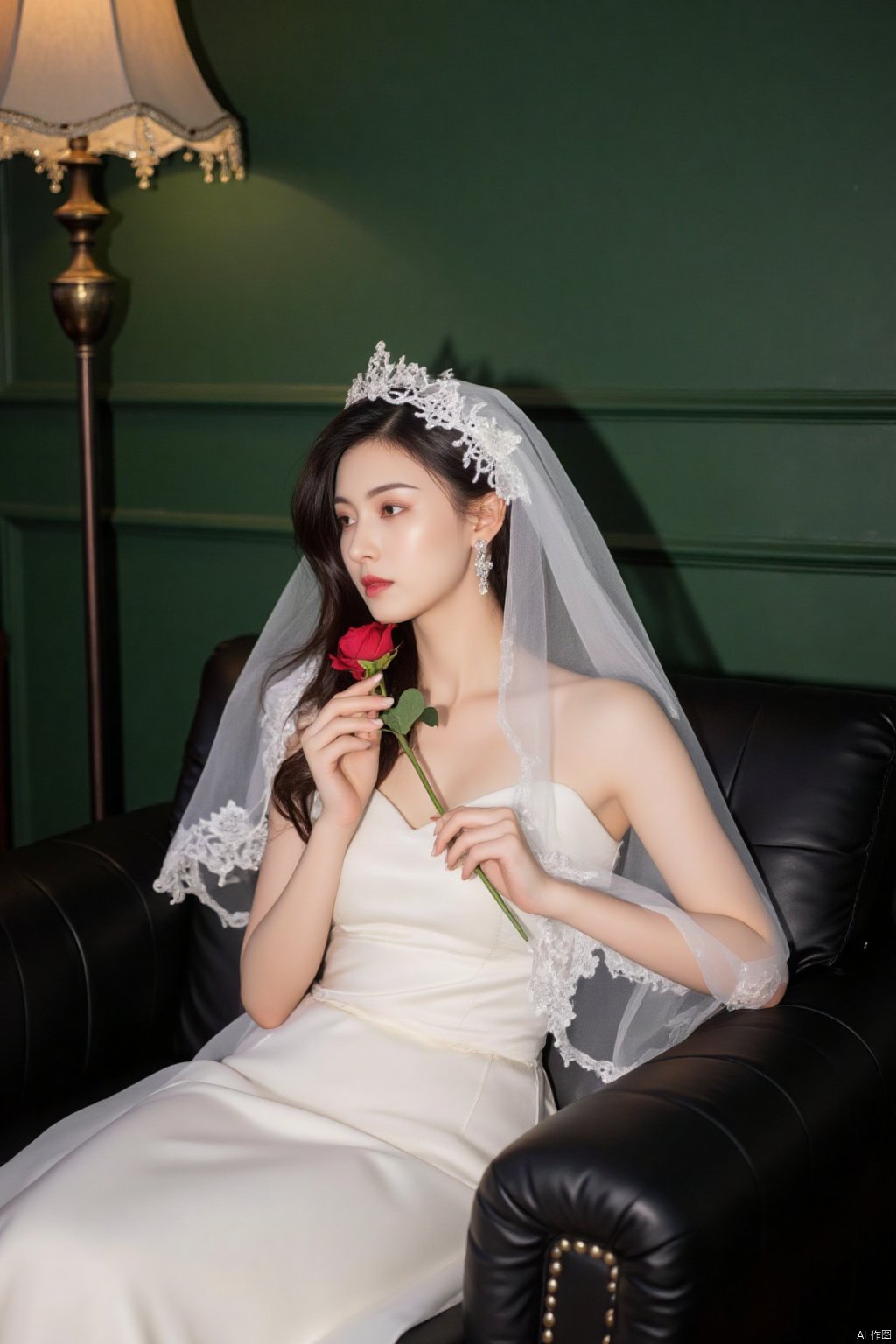 a woman in a white wedding dress, adorned with a veil, is seated on a black leather couch. She is holding a red rose in her right hand, her left hand resting on the armrest of the couch. The woman's face is turned towards the right, her eyes are focused on the left side of the frame. Her hair is dark brown, and she is wearing a white crown on her head, adding a touch of beauty to her face. To the left of the woman, a tall lamp with a gold base stands against a green wall. The lamp casts a shadow on the wall behind her, adding depth to the scene.HK film style,Wong Kar wai's film style,Vintage Hong Kong movie color scheme,OBbllai