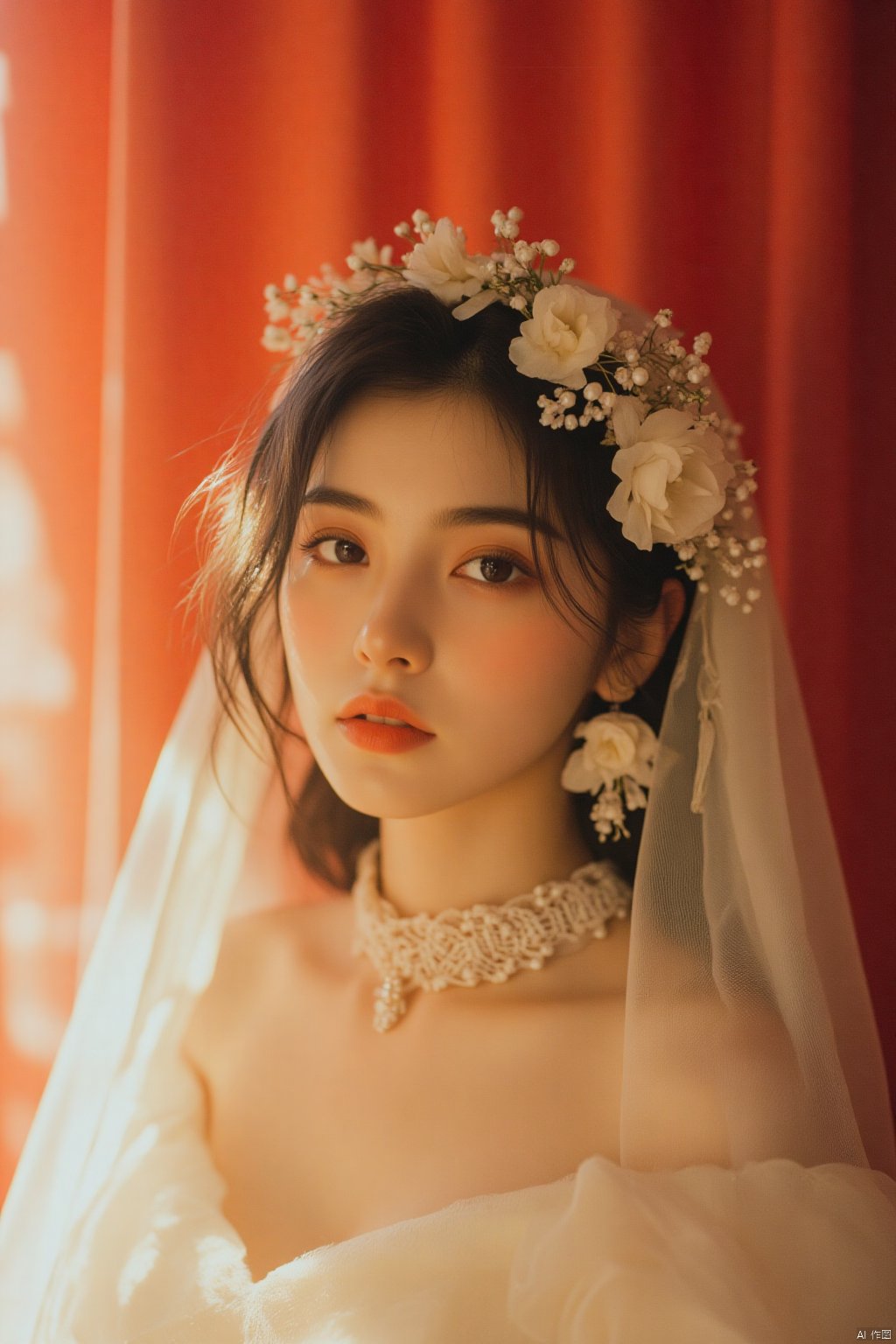 a woman dressed in a white wedding dress, adorned with a veil adorned with white flowers and pearls. Her veil is draped over her left shoulder, adding a touch of warmth to the scene. Her hair is pulled back, cascading over her shoulders, framing her face. The backdrop, a vibrant red curtain, adds a pop of color to the composition.HK film style,Wong Kar wai's film style,Vintage Hong Kong movie color scheme,OBbllai