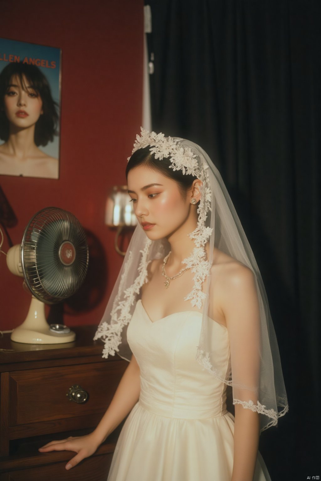 a woman dressed in a white wedding dress, adorned with a veil and a necklace. She stands in front of a wooden dresser, her left hand resting on the side of the dresser. The dresser is adorned with silver knobs, and a small white fan with a silver base, adding a touch of color to the scene. To the left of the woman, there is a red wall with a poster of a woman's face and the words "FALLEN ANGELS" on it. The backdrop is dark, with a black curtain on the right side.HK film style,Wong Kar wai's film style,Vintage Hong Kong movie color scheme,OBbllai