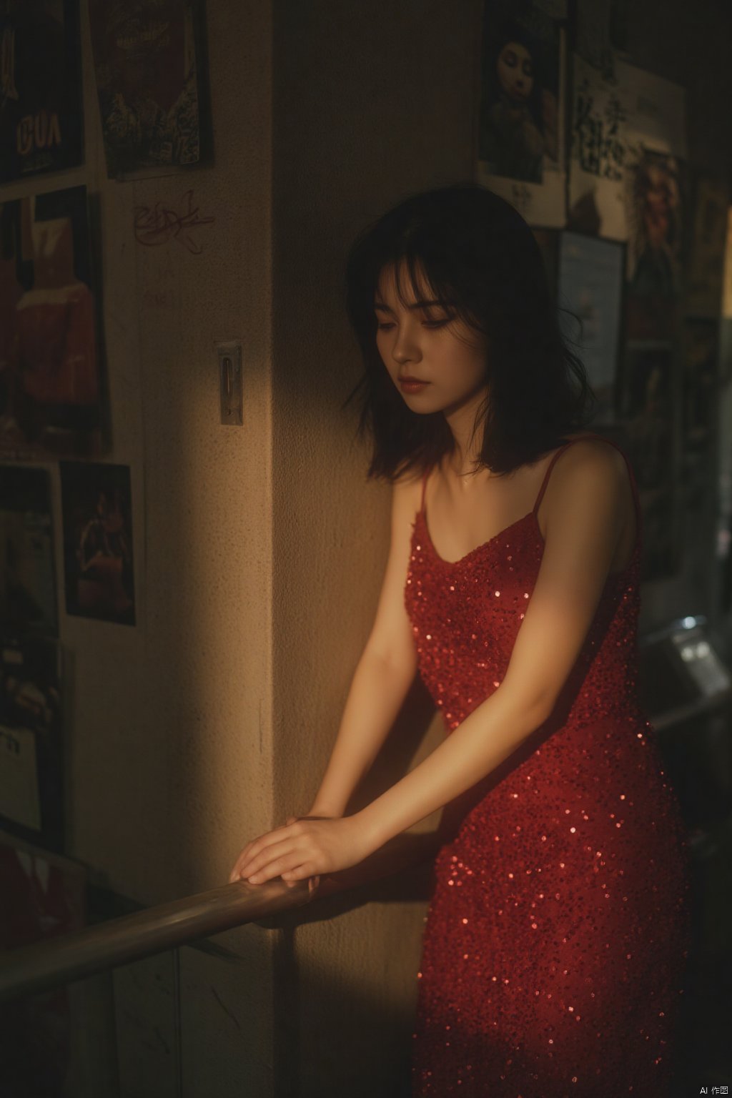 a woman stands in a red sleeveless dress, adorned with tiny white dots. Her left hand is resting on the wall, adding a touch of balance to the scene. The backdrop, a wall adorned with posters, is a stark contrast to the woman's red dress. The lighting is subdued, creating a soft glow on her face.HK film style,Wong Kar wai's film style,Vintage Hong Kong movie color scheme,OBbllai