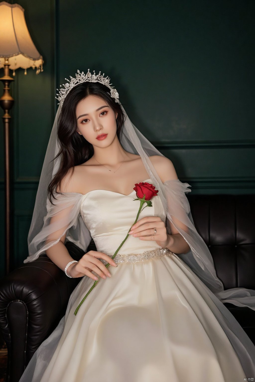 a woman in a white wedding dress, adorned with a veil, is seated on a black leather couch. She is holding a red rose in her right hand, her left hand resting on the armrest of the couch. The woman's face is turned towards the right, her eyes are focused on the left side of the frame. Her hair is dark brown, and she is wearing a white crown on her head, adding a touch of beauty to her face. To the left of the woman, a tall lamp with a gold base stands against a green wall. The lamp casts a shadow on the wall behind her, adding depth to the scene.HK film style,Wong Kar wai's film style,Vintage Hong Kong movie color scheme,