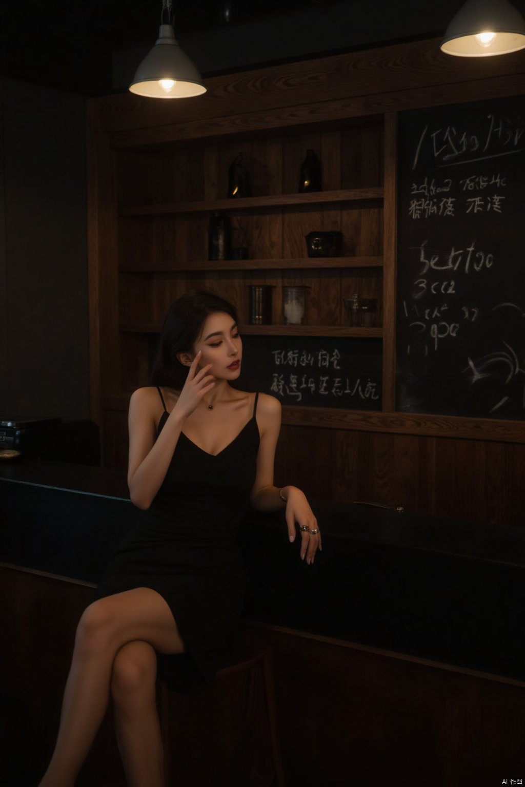 HK film style,Wong Kar wai's film style,Vintage Hong Kong movie color scheme,a woman is seated on a black countertop, her left arm resting on the countertop. She is wearing a sleeveless black dress, adorned with black earrings and a silver ring. Her hair is pulled back in a ponytail, adding a touch of texture to her face. The backdrop, a wooden shelf, is adorned with a black chalkboard with Asian characters written on it. Two lights hang from the ceiling, providing a warm glow to the scene.