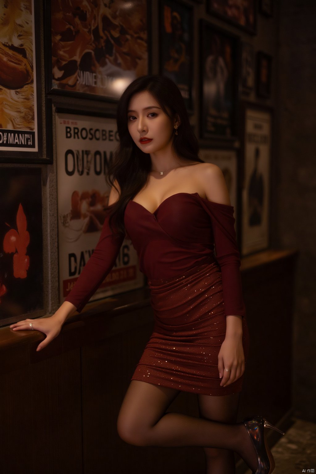 a woman stands in a red sleeveless dress, adorned with tiny white dots. Her left hand is resting on the wall, adding a touch of balance to the scene. The backdrop, a wall adorned with posters, is a stark contrast to the woman's red dress. The lighting is subdued, creating a soft glow on her face.HK film style,Wong Kar wai's film style,Vintage Hong Kong movie color scheme,maroon long-sleeved top, brown leather mini skirt,sheer black stockings,shiny, high-heeled shoes