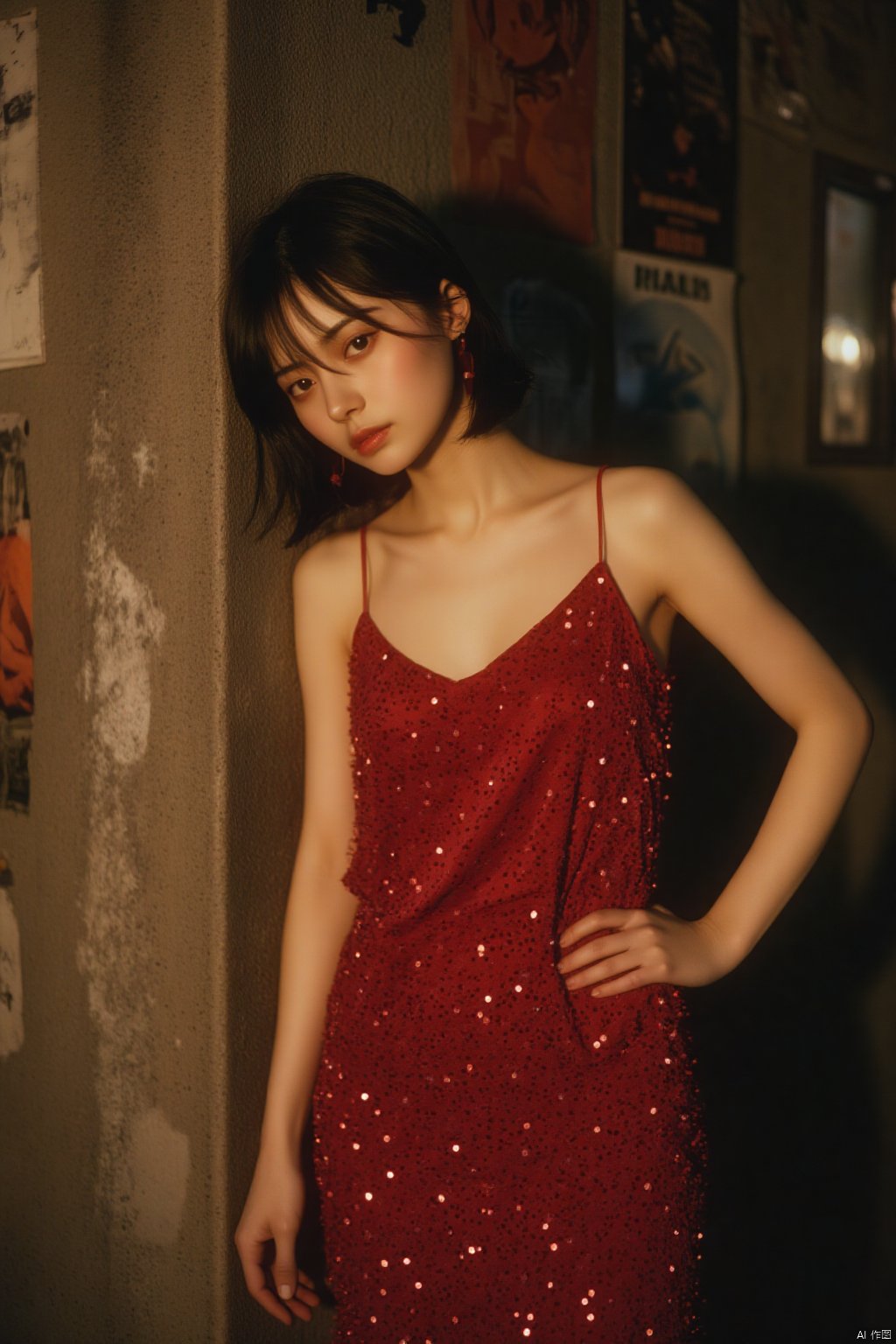 a woman stands in a red sleeveless dress, adorned with tiny white dots. Her left hand is resting on the wall, adding a touch of balance to the scene. The backdrop, a wall adorned with posters, is a stark contrast to the woman's red dress. The lighting is subdued, creating a soft glow on her face.HK film style,Wong Kar wai's film style,Vintage Hong Kong movie color scheme,OBbllai