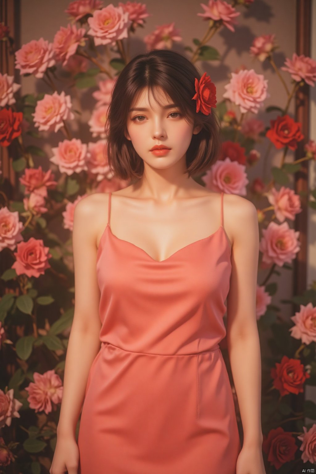 a beautiful young woman, dressed in a salmon colored dress, stands in front of a backdrop of pink roses. Her hair is styled in a sleek bob, and she is adorned with a few red flowers in her hair, adding a touch of color to her outfit. The backdrop is blurred, creating a stark contrast to the vibrant pink dress.,qfl,HK film style,Wong Kar wai's film style,Vintage Hong Kong movie color scheme