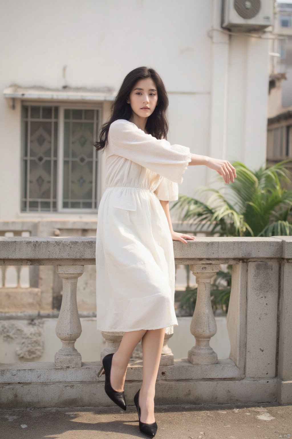 a woman with long dark hair, dressed in a white dress and black pumps stands on a concrete platform. The woman's right arm is stretched out, her left hand resting on the ledge, adding a touch of balance to the scene. The backdrop, a white building, a window, and a green fern can be seen.HK film style,Wong Kar wai's film style,Vintage Hong Kong movie color scheme,