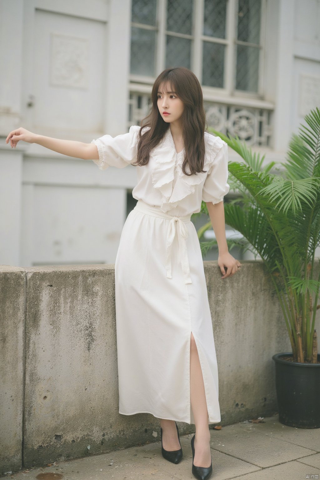 a woman with long dark hair, dressed in a white dress and black pumps stands on a concrete platform. The woman's right arm is stretched out, her left hand resting on the ledge, adding a touch of balance to the scene. The backdrop, a white building, a window, and a green fern can be seen.HK film style,Wong Kar wai's film style,Vintage Hong Kong movie color scheme,