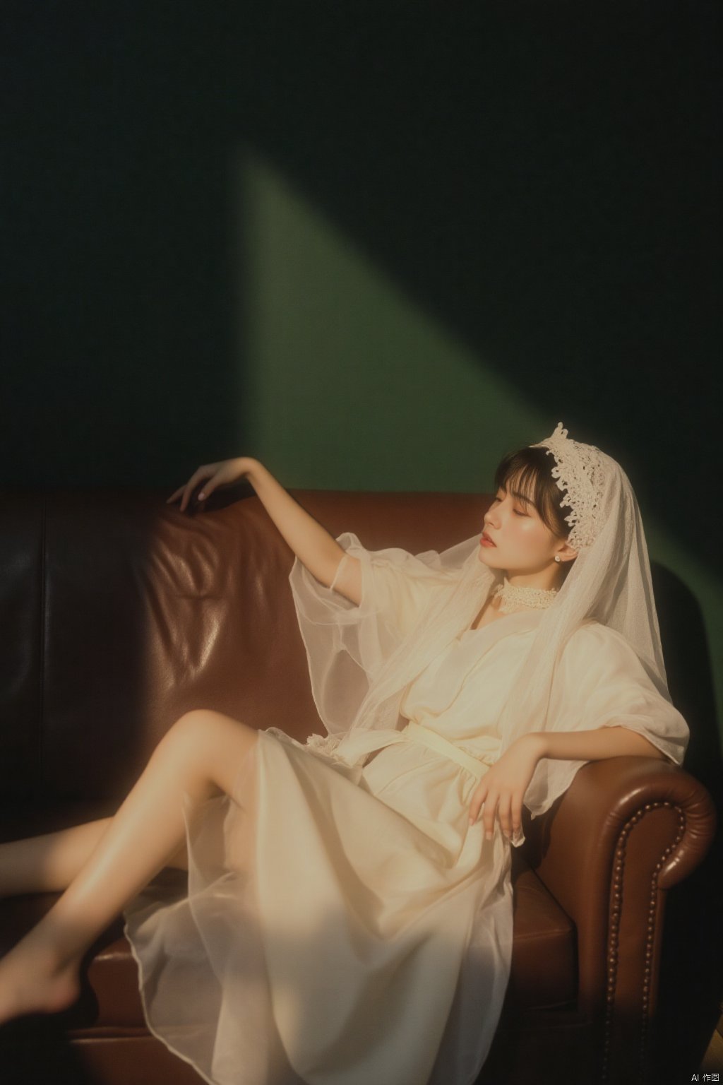 a woman in a white dress, adorned with a veil, is reclining on a brown leather couch. Her left foot is stretched out, while her right hand rests on her hip. Her right hand is resting on the arm of the couch, adding a touch of balance to the scene. The backdrop, a dark green wall, casts a shadow on the left side of the frame.HK film style,Wong Kar wai's film style,Vintage Hong Kong movie color scheme,OBbllai