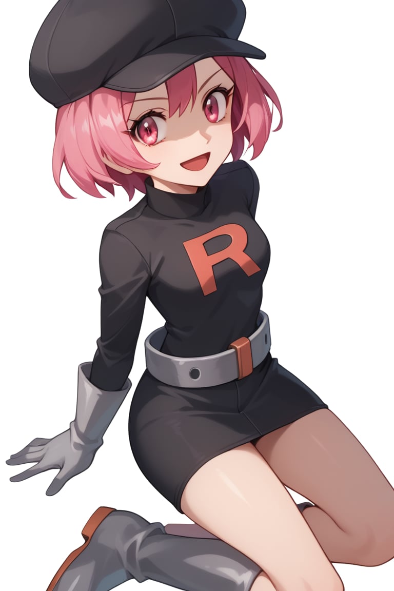 score_9, score_8_up, score_7_up,Grunt Team Rocket, looking at viewer, smile, short hair, open mouth, skirt, simple background, red eyes, gloves, hat, white background, dress, pink hair, :d, boots, tongue, belt, pink eyes, black dress, eyelashes, black headwear, logo, grey footwear, grey gloves, grey belt