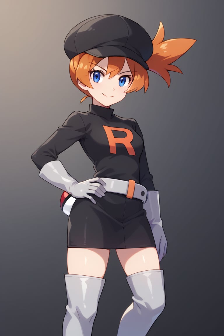 score_9, score_8_up, score_7_up, Grunt Team Rocket, looking at viewer, smile, short hair, blue eyes, thighhighs, gloves, hat, dress, holding, boots, belt, white gloves, orange hair, black dress, side ponytail, zettai ryouiki, hand on hip, cosplay, thigh boots, short dress, impossible clothes, poke ball, poke ball (basic), holding poke ball, grey gloves