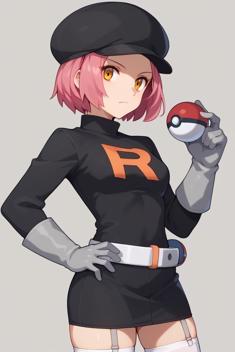 score_9, score_8_up, score_7_up,Grunt Team Rocket, looking at viewer, short hair, simple background, thighhighs, gloves, long sleeves, hat, dress, holding, closed mouth, yellow eyes, pink hair, cowboy shot, belt, white gloves, hand up, grey background, black dress, white thighhighs, zettai ryouiki, orange eyes, hand on hip, black headwear, garter straps, short dress, poke ball, poke ball (basic), holding poke ball, white belt, grey gloves, grey belt