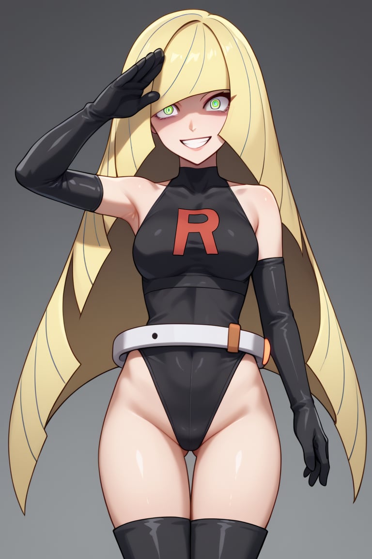 score_9, score_8_up, score_7_up, Grunt Team Rocket, black leotard, leotard, highleg leotard, elbow gloves, grey gloves, belt, black thighhighs,thigh boots,solo,front view,facing viewer,looking at viewer,straight-on,crazy eyes,empty eyes,hypnosis,crazy smile,evil smile,frowning,right-handed salute,POKEMONLUSAMINE