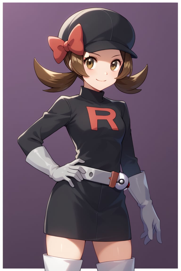 score_9, score_8_up, score_7_up, Grunt Team Rocket, looking at viewer, smile, brown hair, thighhighs, gloves, hat, dress, bow, twintails, brown eyes, closed mouth, standing, belt, white gloves, black dress, red bow, white thighhighs, hand on hip, cosplay, black headwear, thigh boots, border, outstretched arm, hat bow, purple background, poke ball, cabbie hat, poke ball (basic), grey gloves, split mouth