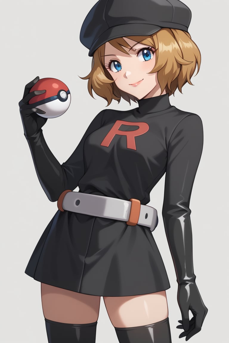  score_9,  score_8_up, score_7_up,serena, serena \(pokemon\), 1girl, solo, orange hair, blue eyes, blonde hair, short hair, bangs, poke ball, poke ball (basic), holding poke ball, black headwear, cabbie hat, hat, posing, lips, ( evil smile), ,Grunt Team Rocket, dress, black dress, (leotard, latex), long sleeves, gloves, elbow gloves, belt, grey belt, skirt, thighhighs, 1girl,simple background,smile, posing,