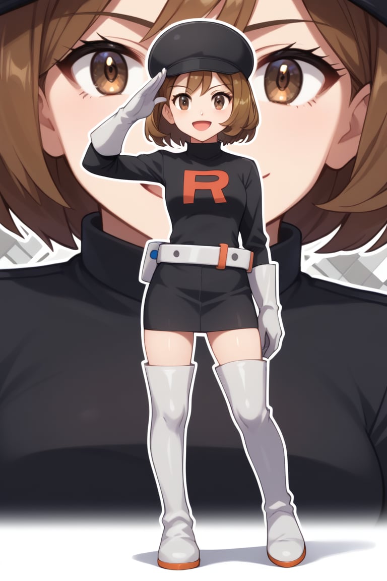 score_9, score_8_up, score_7_up, Grunt Team Rocket, looking at viewer, smile, short hair, open mouth, bangs, skirt, brown hair, thighhighs, gloves, hat, brown eyes, standing, full body, boots, belt, white gloves, medium hair, black dress, cosplay, eyelashes, black headwear, thigh boots, white footwear, zoom layer, logo, cabbie hat, salute, white belt, grey belt