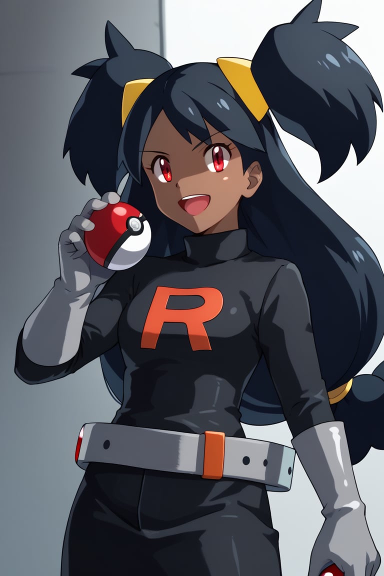 score_9, score_8_up, score_7_up, Grunt Team Rocket, long hair, smile, open mouth, black hair, red eyes, gloves, holding, belt, dark skin, dark-skinned female, two side up, cosplay, parody, low-tied long hair, poke ball, holding poke ball, big hair