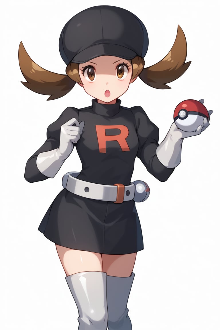 score_9, score_8_up, score_7_up,Grunt Team Rocket, open mouth, skirt, simple background, brown hair, thighhighs, gloves, hat, white background, dress, holding, twintails, brown eyes, boots, belt, white gloves, hand up, :o, black dress, cosplay, eyelashes, black headwear, thigh boots, poke ball, logo, cabbie hat, holding poke ball, ultra ball