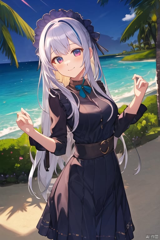 （best quality,  masterpiece,  super clear：1.4）,artbook, dusk, in hawaii, long hair, silver hair, light smile, multicolored eyes, medium breasts,1 adorable girl, solo,TrNyteal