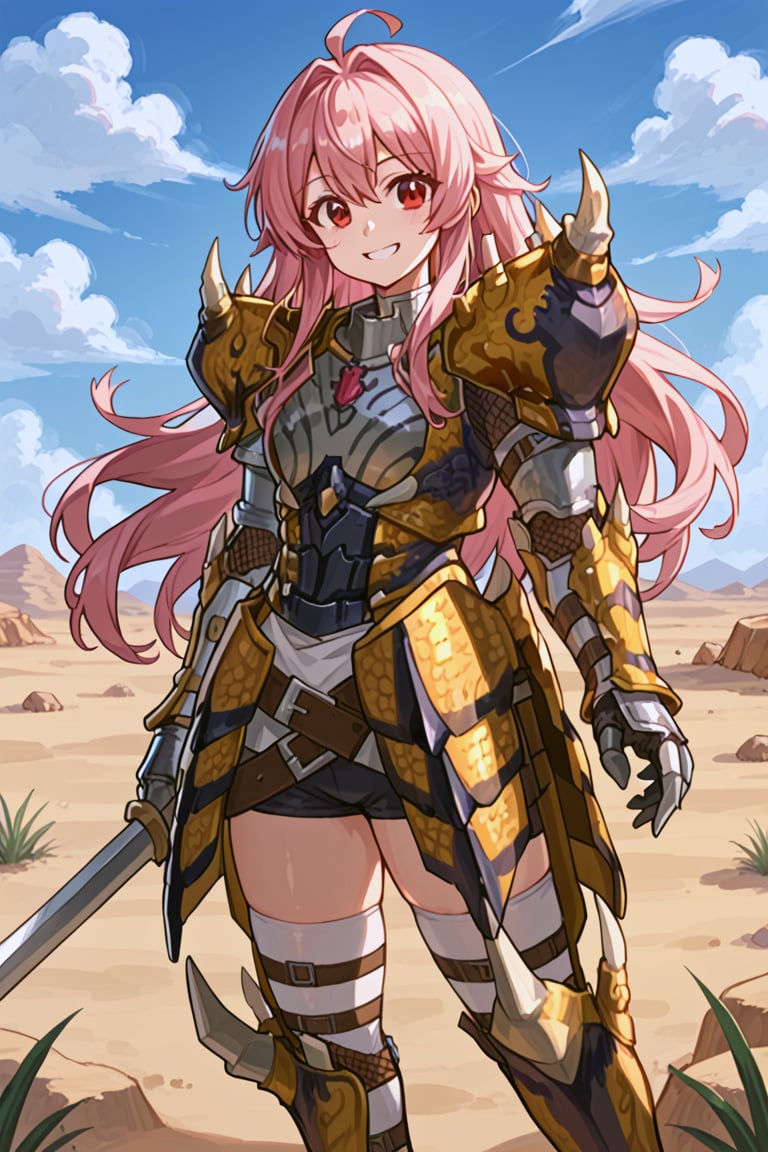 score_9, score_8_up, score_7_up, 1girl, solo, long hair, pink hair, red eyes, cute, kawaii, tigrex armor, pauldrons, gauntlets, thighhighs, standing, smile, desert