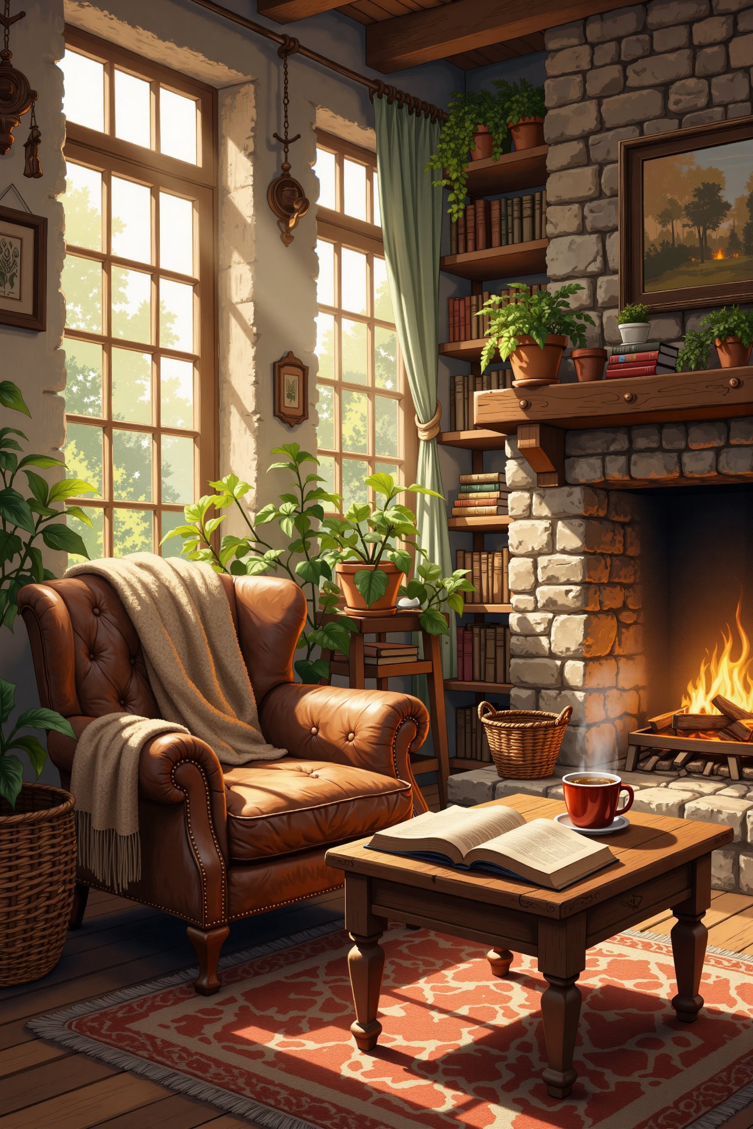 An evolyzed illustration depicting cozy interior scene bathed in warm, late afternoon sunlight streaming through tall windows, casting soft shadows across the room. A vintage armchair with a worn-in leather seat is nestled near a crackling stone fireplace, with a wool blanket draped casually over one arm. On a rustic wooden coffee table, a steaming mug of tea sits beside an open, well-loved book, while shelves lined with books and potted plants fill the background. The ambiance is inviting, with earthy tones and hints of deep forest green and rich browns, evoking a peaceful, timeless retreat.