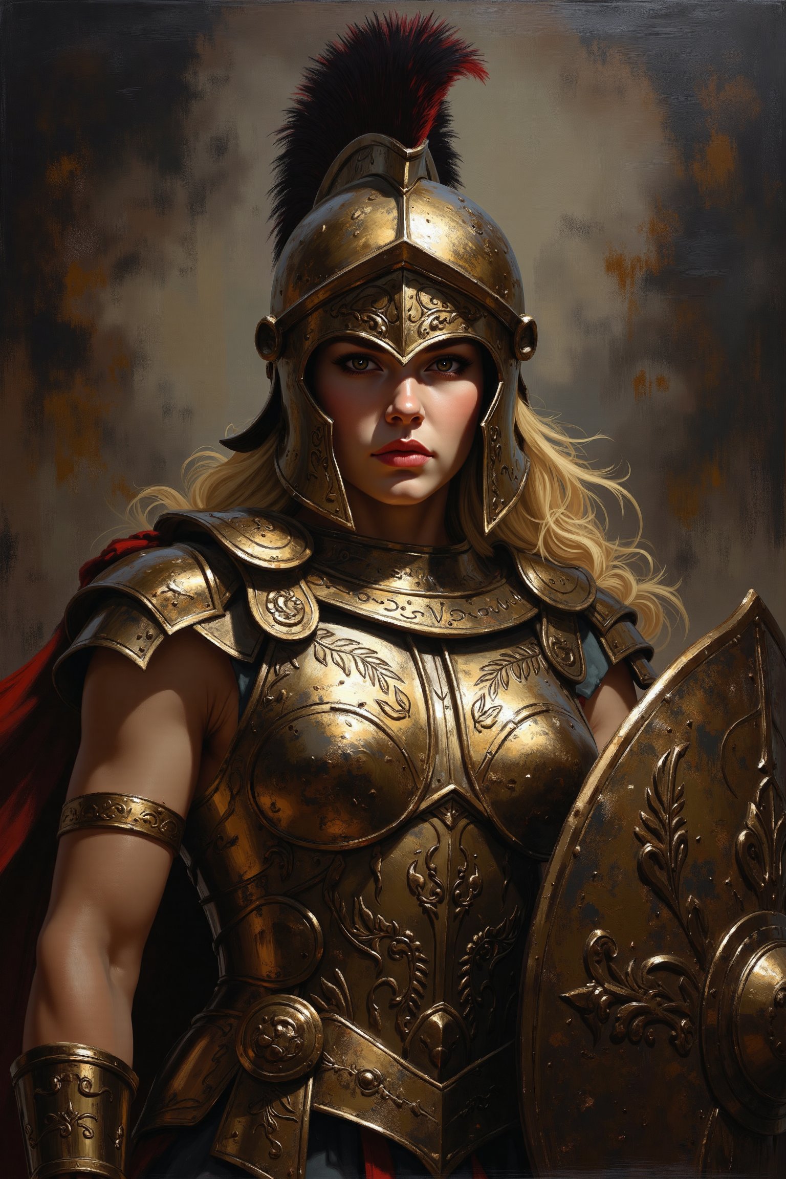 An evolyzed painting of a striking, fierce woman stands ready for battle, dressed in finely detailed centurion armor with intricate engravings across the chest plate and pauldrons. Her blonde hair flows under a crested helmet, framing her intense gaze. She holds a gladius in one hand and a shield in the other, standing in a powerful stance that exudes strength and determination. Her armor gleams in the dim, dramatic lighting, with hints of battle-worn patina, capturing the intense atmosphere of an ancient battleground. The background fades into a shadowy, smoky haze, adding to the sense of tension and anticipation.