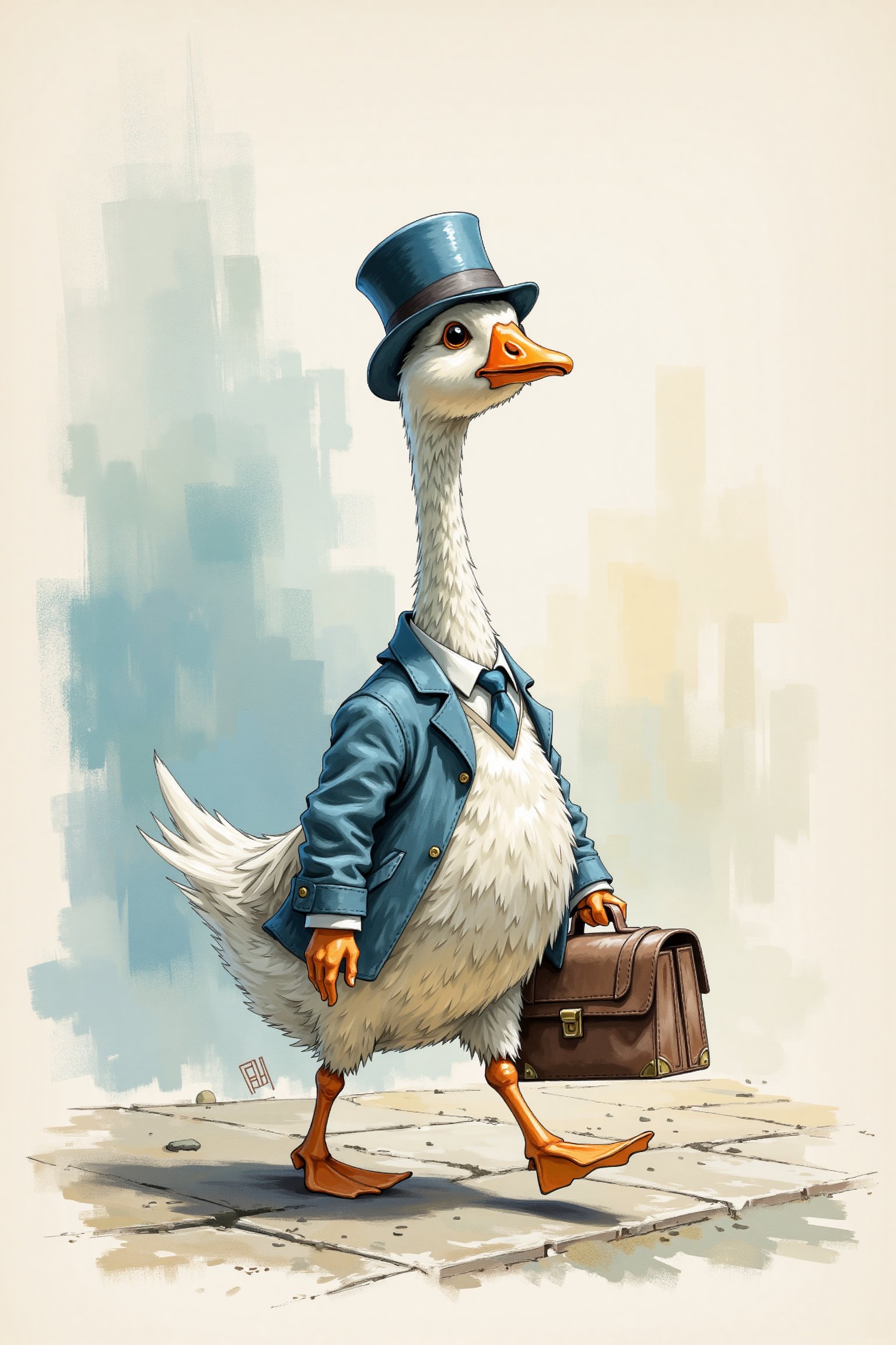 A whimsical, highly detailed evolyzed drawing of a goose walking confidently down a city sidewalk. The goose, with its tall, white neck and orange beak, is wearing a tiny blue bowler hat and a matching vest. Under its wing, it carries a miniature briefcase as if on its way to an important business meeting.