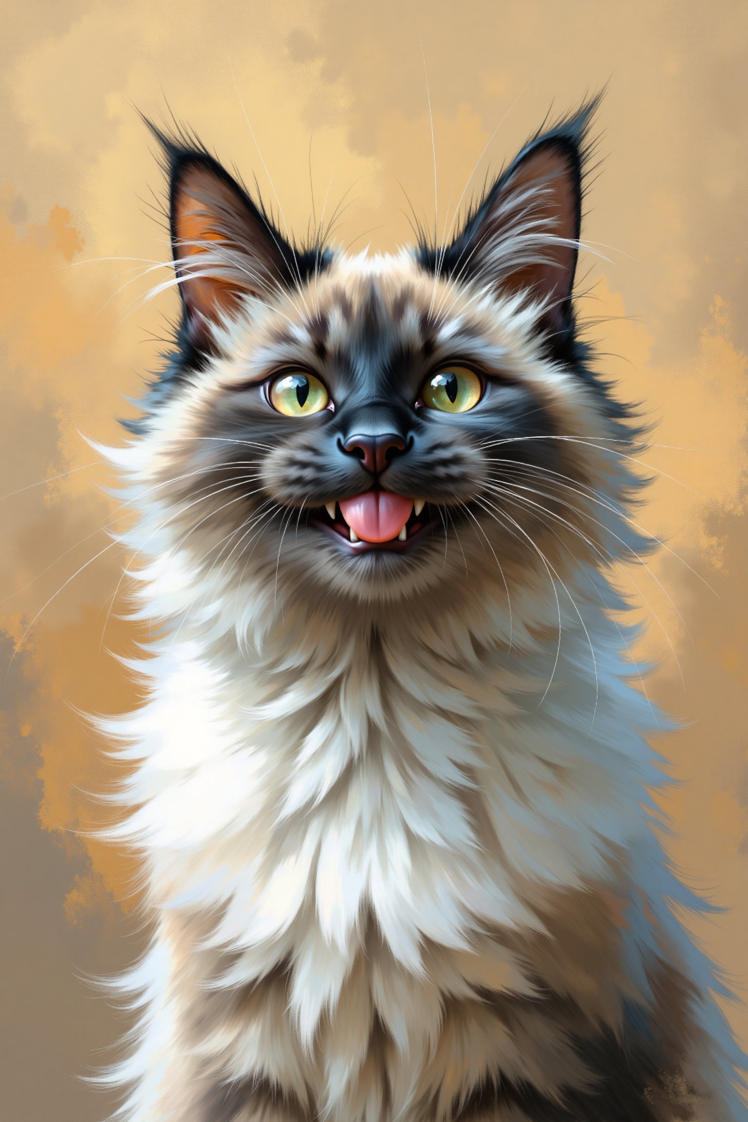 An evolyzed image depicting a playful, birman cat with a vivid, expressive face. The cat's fur is depicted with a highly detailed, textured style, showing the fluffy, feathery nature of its fur. The fur is rendered in a soft, fluffy white with hints of black and gray, blending smoothly into shades of black on the face.