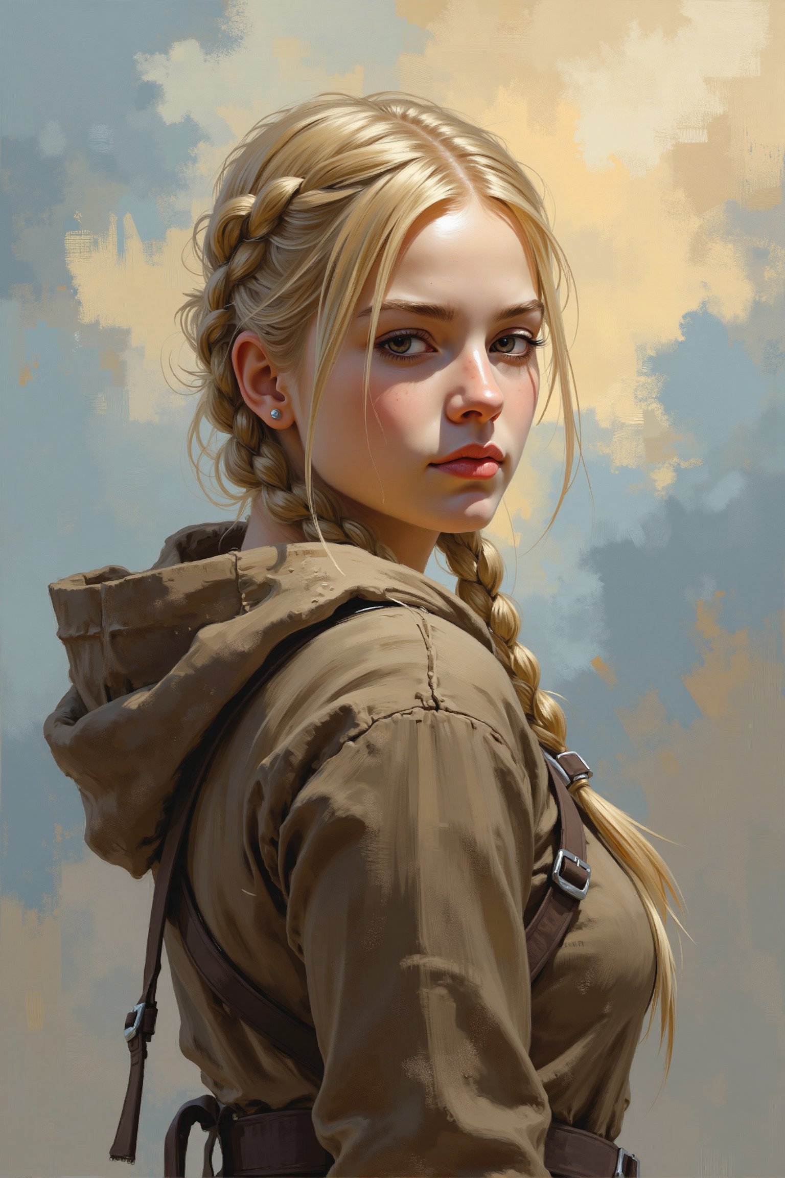 This is an evolyzed painting of a young woman with a serene expression, captured in an impressionistic style. The woman has light skin and blonde hair styled in two braids that rest on her shoulders. She is dressed in a brown hooded garment, which adds a sense of warmth and protection. The background is a blend of soft, impressionistic brushstrokes in shades of blue, yellow, and white, suggesting a cloudy or overcast sky. The texture of the background is loose and abstract, contrasting with the more defined and detailed portrayal of the woman. Her face is turned slightly to the left, with a calm and contemplative gaze, her eyes slightly closed. The lighting on her face is gentle, creating a soft glow that highlights her features. The overall mood of the painting is peaceful and introspective, capturing a moment of quiet reflection. The artist's use of light and shadow enhances the realism and depth of the image, making the woman’s expression and demeanor stand out prominently. The painting is a blend of realism and impressionism, with a focus on capturing the essence of the woman’s emotions and the atmospheric setting.