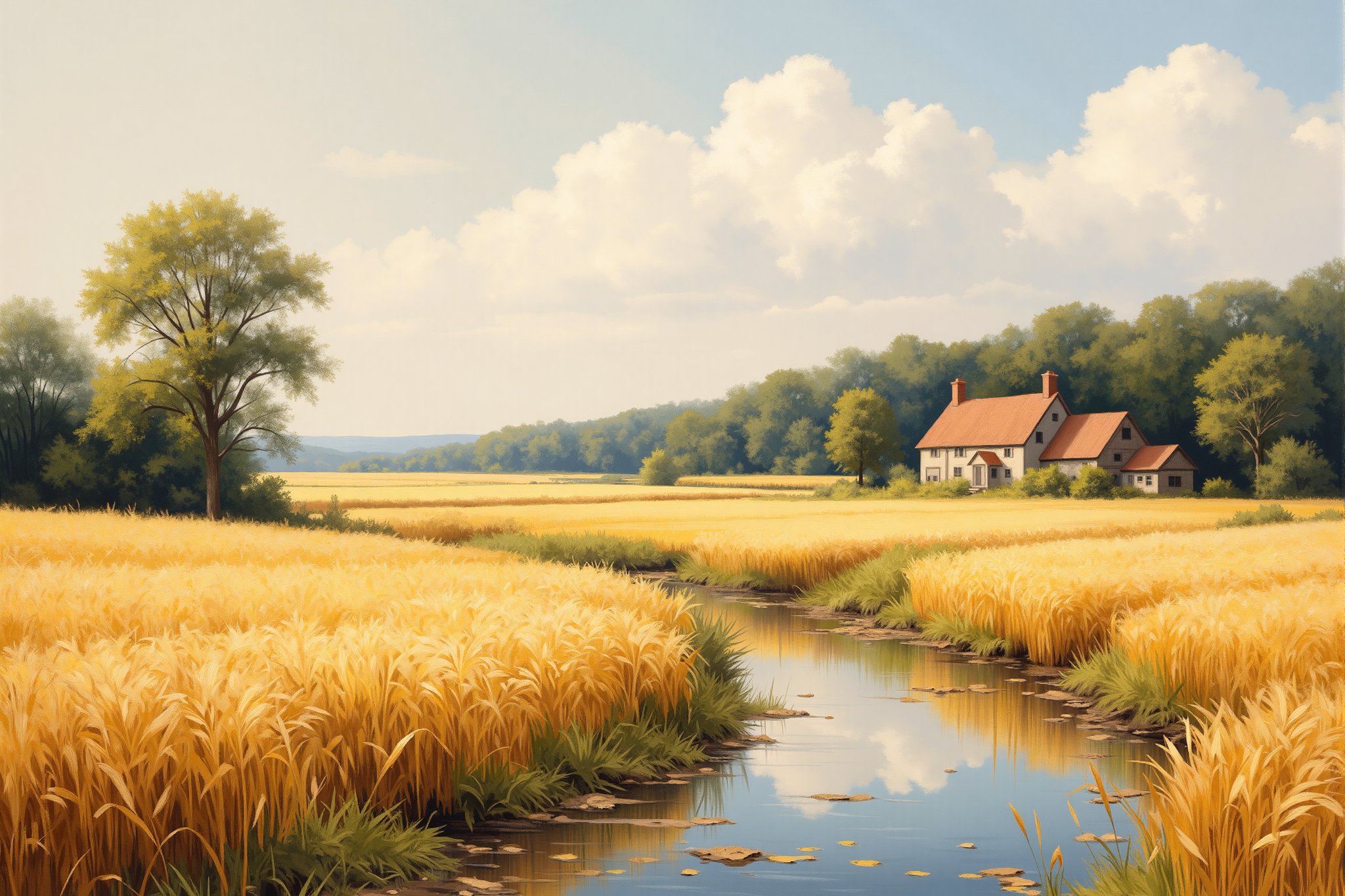 A serene and peaceful evolyzed landscape painting of a rural scene with wheat fields, a river, a farmhouse with a garden and a forest in the background. The composition follows the golden ratio.