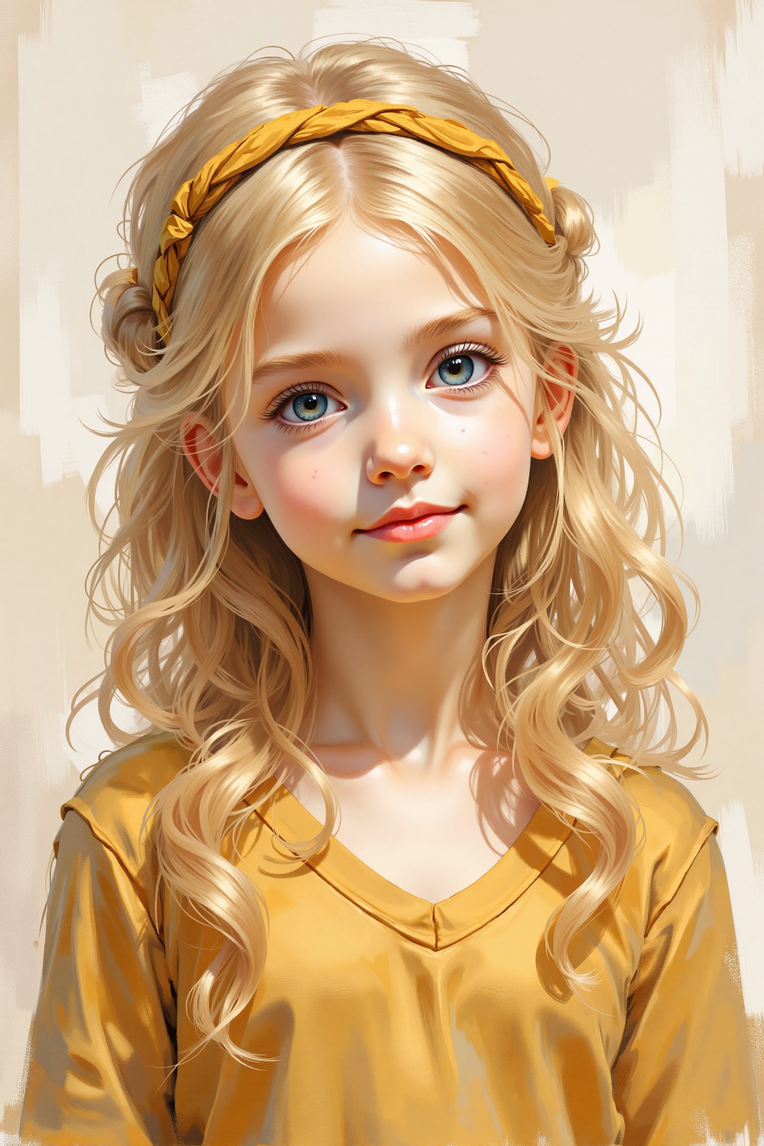 A high-resolution evolyzed illustration of a young girl with a fair complexion and long, wavy blonde hair. Her hair is styled with a side part and secured with a mustard yellow headband that adds a playful touch. Her eyes are a striking blue, framed by thick, dark lashes. She has a smooth complexion with a hint of blush on her cheeks and natural, light pink lips. Her lips are parted. She is wearing a mustard yellow top with a V-neckline, which complements her headband. The background is blurred, but it appears to be a neutral-colored wall, possibly white or light beige, which keeps the focus on the girl. The lighting is soft and natural, giving her a fresh and youthful look. The overall composition of the image is intimate and close-up, emphasizing the girl's facial features and expression. The image captures a moment of serene and natural beauty, highlighting the innocence and charm of the young subject.