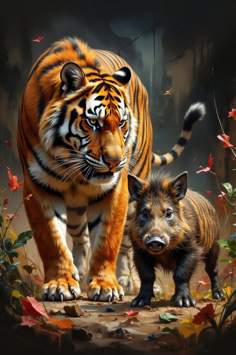 A majestic tiger, its orange fur glistening in the warm sunlight, crouches low to the ground as it stalks its prey. A sleek and agile wild boar, its bristly hairs rustling in the grass, suddenly becomes aware of the predator's presence. The tiger's eyes lock onto the boar's, its tail twitching with excitement, as it prepares to pounce.,Vibrant Visual