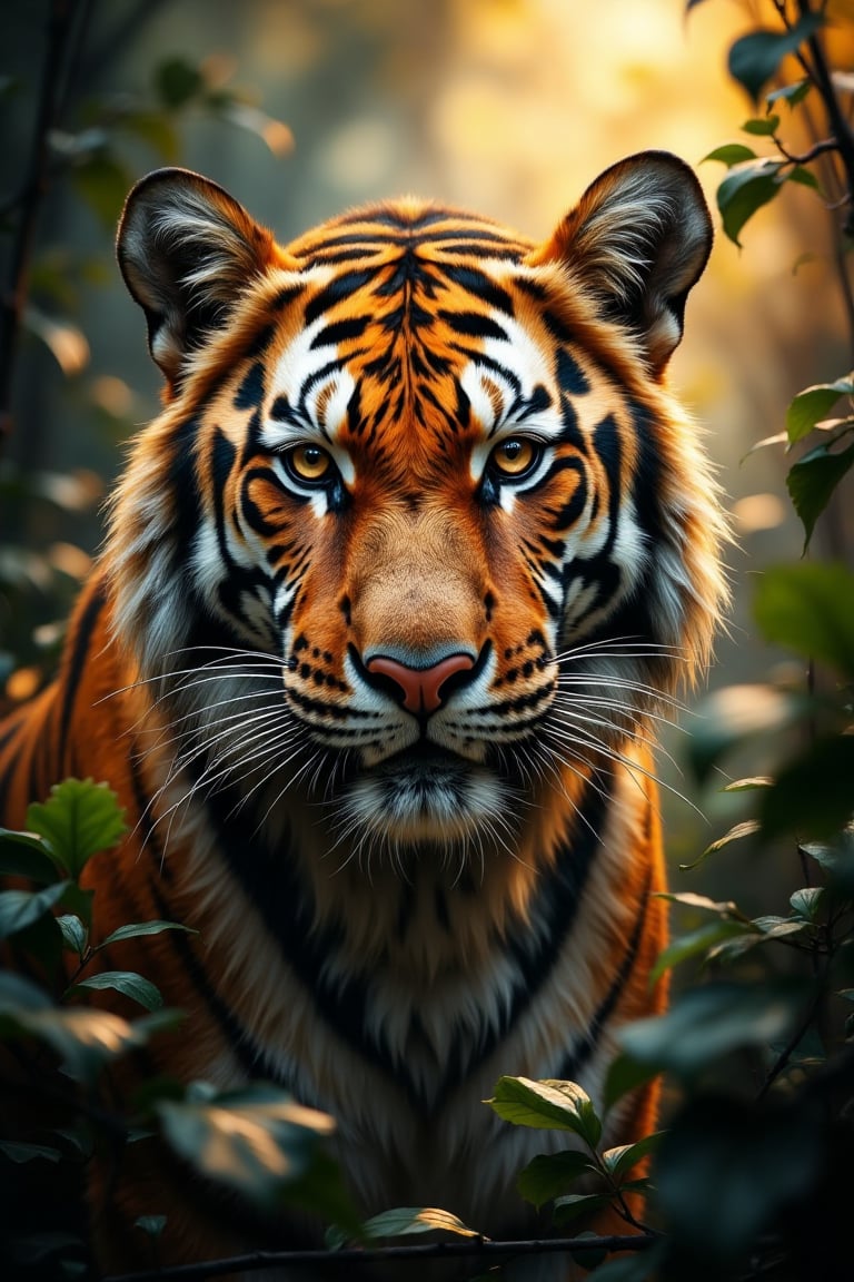 A majestic tiger's face is framed by lush green foliage, with warm sunlight casting a golden glow on its tawny fur. The big cat's piercing eyes seem to gaze directly into the lens, its whiskers and ears perfectly defined in sharp focus. A subtle misty atmosphere surrounds the subject, adding depth to the composition.,Vibrant Visual