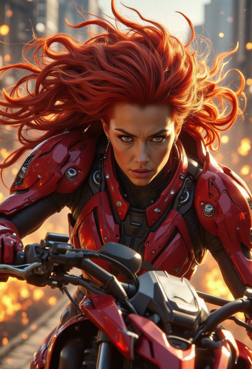 Close-up headshot of a fierce warrior woman, her intricate facial textures and features on full display as she wears metallic red futuristic armor. Wind whips her fiery red locks into a frenzy as she rides a high-tech motorcycle with reckless abandon, speeding through flames engulfing the battle-scarred cityscape. The camera captures her determined expression as she navigates the treacherous terrain, her armor gleaming in the fiery glow.