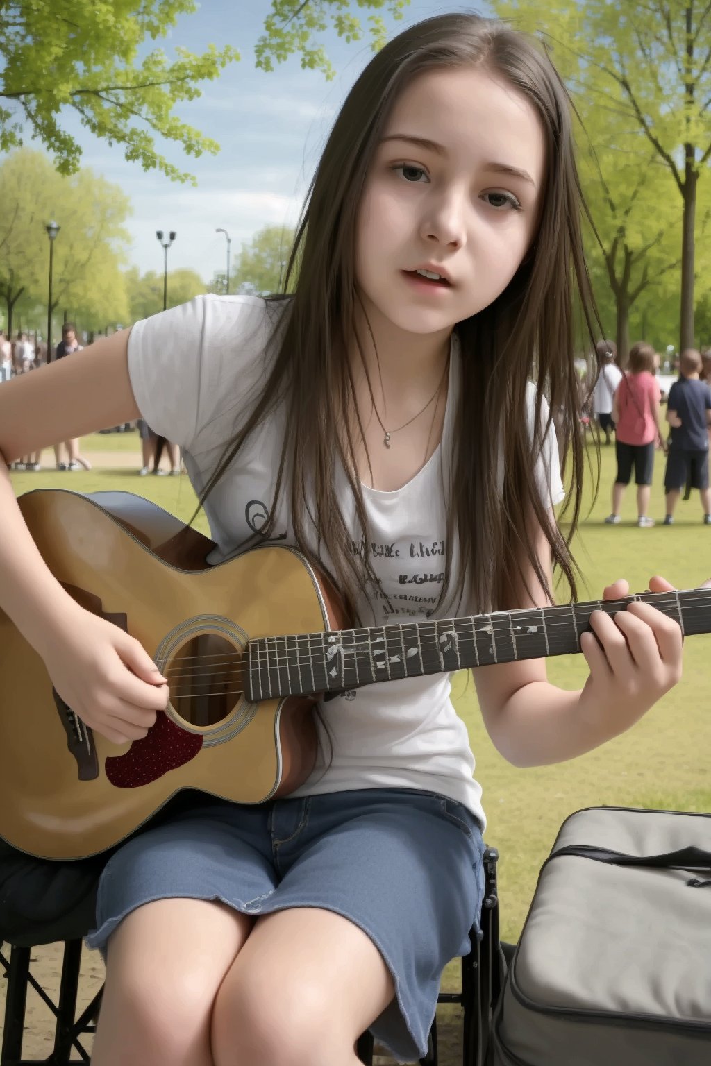 Young girl 15 years old, playing in a beautiful park, crowd, playing the guitar,