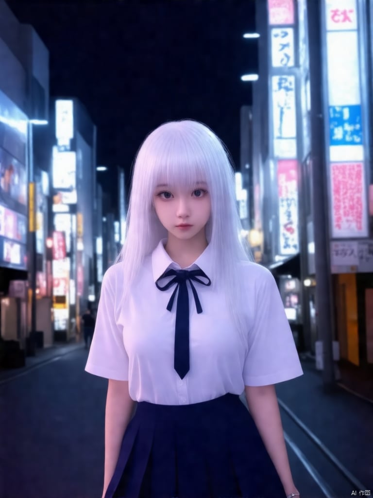 (8k, RAW photo, best quality, masterpiece:1.3),(realistic,photo-realistic:1.37),(night),(looking at viewer:1.331),(white hair),posing,Tokyo street,nightcityscape, cyberpunk city,soft light,1girl,extremely beautiful face,bust,put down hands,Random hairstyle,Random expression,big eyes, lower abdomen, (short-sleeved JK_shirt,JK_style,dark blue JK_skirt, bow JK_tie), (large breasts), (long hair),