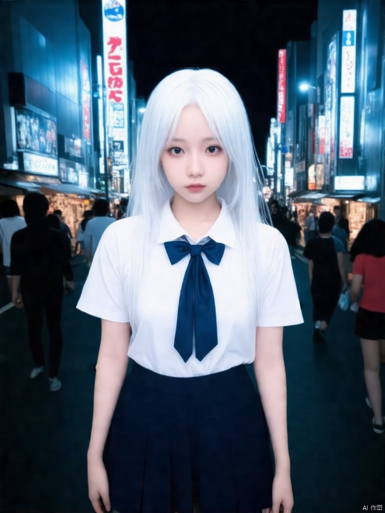 (8k, RAW photo, best quality, masterpiece:1.3),(realistic,photo-realistic:1.37),(night),(looking at viewer:1.331),(white hair),posing,Tokyo street,nightcityscape, cyberpunk city,soft light,1girl,extremely beautiful face,bust,put down hands,Random hairstyle,Random expression,big eyes, lower abdomen, (short-sleeved JK_shirt,JK_style,dark blue JK_skirt, bow JK_tie), (large breasts), (long hair),