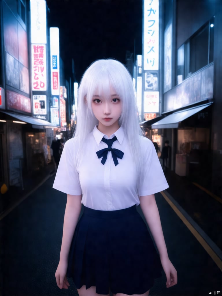 (8k, RAW photo, best quality, masterpiece:1.3),(realistic,photo-realistic:1.37),(night),(looking at viewer:1.331),(white hair),posing,Tokyo street,nightcityscape, cyberpunk city,soft light,1girl,extremely beautiful face,bust,put down hands,Random hairstyle,Random expression,big eyes, lower abdomen, (short-sleeved JK_shirt,JK_style,dark blue JK_skirt, bow JK_tie), (large breasts), (long hair),