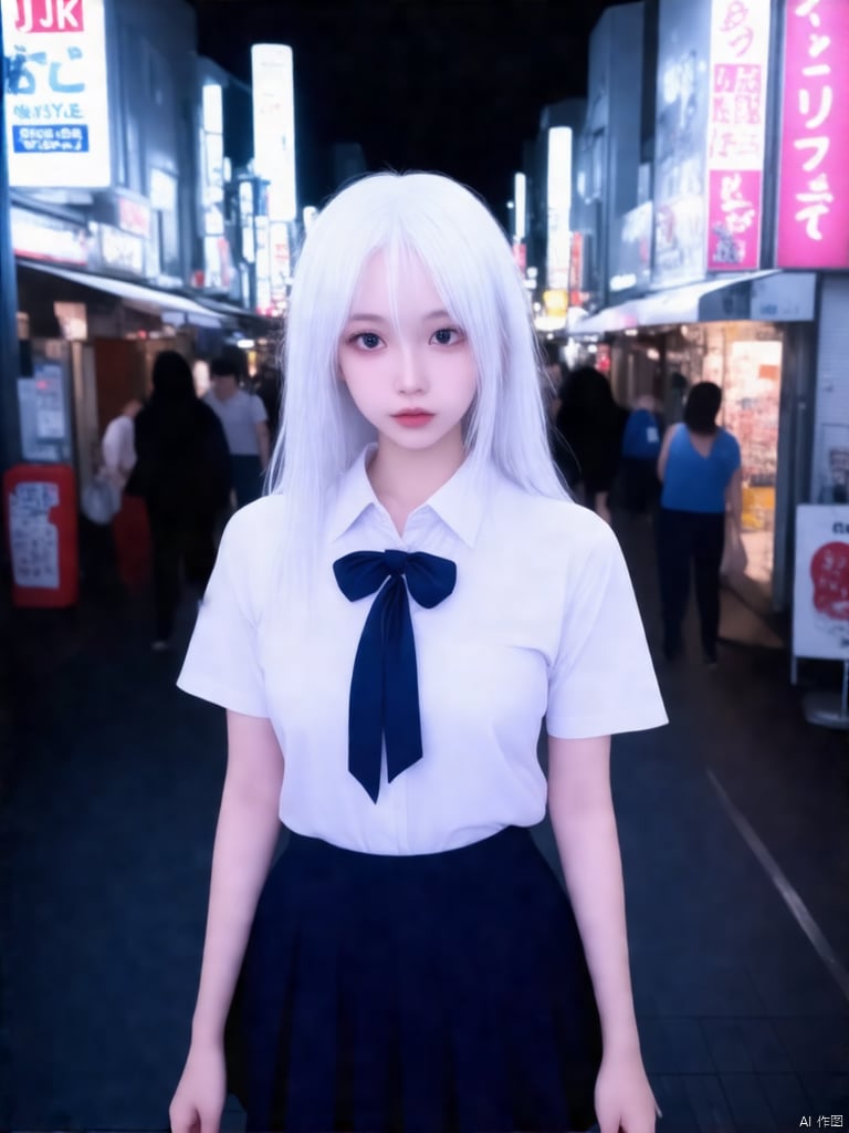 (8k, RAW photo, best quality, masterpiece:1.3),(realistic,photo-realistic:1.37),(night),(looking at viewer:1.331),(white hair),posing,Tokyo street,nightcityscape, cyberpunk city,soft light,1girl,extremely beautiful face,bust,put down hands,Random hairstyle,Random expression,big eyes, lower abdomen, (short-sleeved JK_shirt,JK_style,dark blue JK_skirt, bow JK_tie), (large breasts), (long hair),